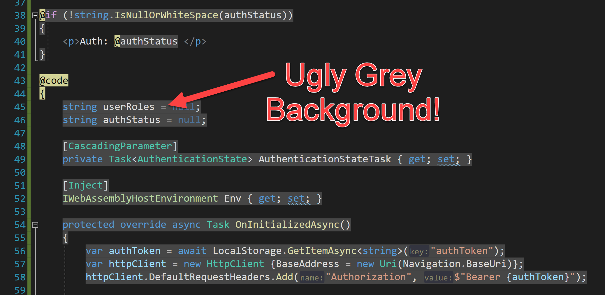 Blazor Tips-n-Tricks! How to Remove Visual Studio @Code Grey Background